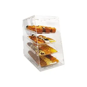 Kotak Pajangan Kue Kering, Kotak Tampilan Kue Donat Toko Roti Akrilik Bening dengan 3 Nampan
