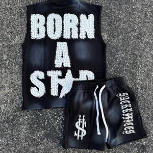 Set di t-shirt da <span class=keywords><strong>uomo</strong></span> con lavaggio acido Vintage con serigrafia Mallow tuta corta estiva <span class=keywords><strong>Street</strong></span> <span class=keywords><strong>Style</strong></span> con strass 30 MOQ - Product Image 3