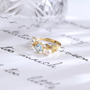 9 Dainty 925 Sterling <b>Silver</b> Gold Plated Leaf Band <b>Adjustable</b> <b>Ring</b> With 5*5mm Natural Stones Fine Jewelry For Women - Product Image 5