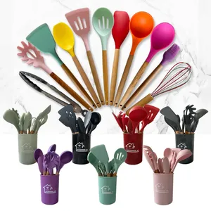 Juego de utensilios de cocina resistentes al calor, duraderos, de silicona, con mango de madera, accesorios de cocina, 12 piezas