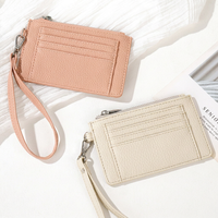 Dompet Kartu Minimalis Kulit PU dengan Tali Lepas Pasang, Kantong Koin Resleting, Dompet Kartu Tipis Wanita, Hadiah