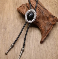 Cravate Bolo Hypoallergénique en Laiton Écologique Style Western Cowboy, Personnalisée avec Onyx Noir et Obsidienne, Rétro, Type Lacet de Botte, Sur Mesure