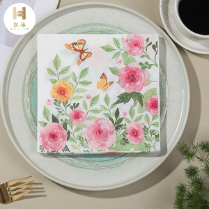 Printed Paper Napkins With Butterflies And Flowers 33x33cm For Themed Party Decorations - Product Image 1