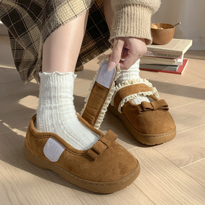 Casa de mujer para pantuflas, mocasines peludos con adornos de encaje dulce para otoño e invierno, algodón femenino para pantuflas con cierre de velcro - Product Image 4