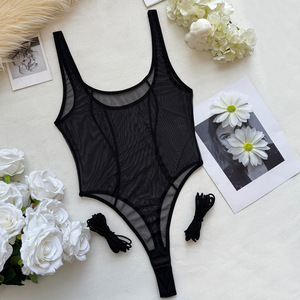 En gros Body Teddy en résille noire transparente, lingerie dos nu à col en U avec bretelles de jambe amovibles, sous-vêtement une pièce sexy pour femme - Product Image 6