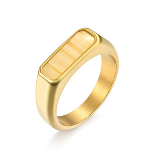 Unisex Geometric <b>Titanium</b> Steel <b>Ring</b> With Wood Grain Pattern Gold Color Gift Jewelry - Product Image 1