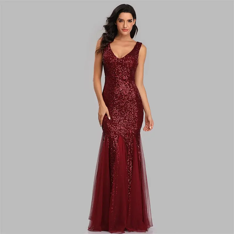 High Quality Red A Line V Neck Sexy Long Sequin Formal Prom Dress by PromGirl