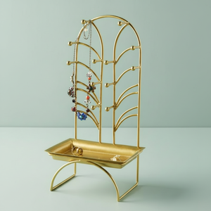 Support de présentation de bijoux en métal doré cintré avec branches décoratives et plateau inférieur disponible à prix de gros - Product Image 1