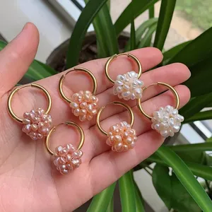Fashion Hoop <strong>Earrings</strong> <strong>Cluster</strong> Flower Ball Drop Natural Freshwater Pearl Ear Loop <strong>Earring</strong> for Women Wedding Party - Product Image 6