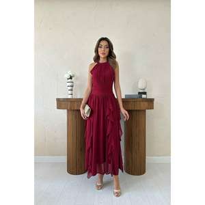 ชุดราตรีผ้าชีฟองสีแดงเบอร์กันดี ดีไซน์หรูหรา คอแบบผูก สายเดี่ยว ทรงเอไลน์ แต่งระบาย เอวเข้ารูป ชั้นผ้าบางเบา ความยาวปานกลาง - Product Image 4