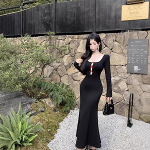 French Style Sexy Bodycon Dress Black Square Collar Bow Wrap Long Skirt Evening Wear - Product Image 1