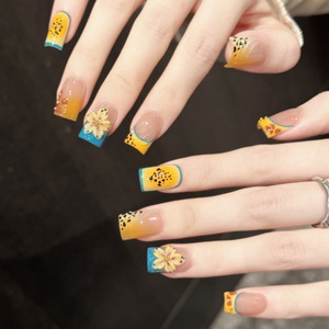 Faux Ongles Carrés à Presser Faits Main Nude Jaune Orange Turquoise French Manucure <span class=keywords><strong>Girafe</strong></span> Léopard Fleur 3D Lot <span class=keywords><strong>de</strong></span> 10 Pièces - Product Image 4