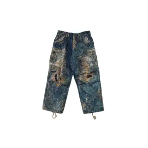 2024 New Customized Boro Repaired Heavy Distressing Over Dye Destroy Wash Patched Flared Stacked Designer Men Denim Jeans