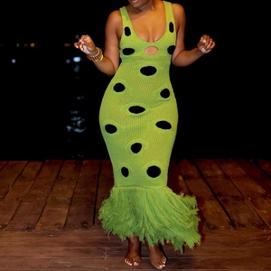 เดรสถักคอวีแขนกุดเซ็กซี่ของผู้หญิงใหม่แฟชั่นพิมพ์ลายจุดแต่งพู่ - Product Image 1