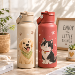 Botella Portátil con Tapa Abatible, Aislada al Vacío, de Acero Inoxidable 304, con Diseño Personalizado de Dibujos Animados de Mascotas y Letras, para Camping, Senderismo y Uso Diario - Product Image 3