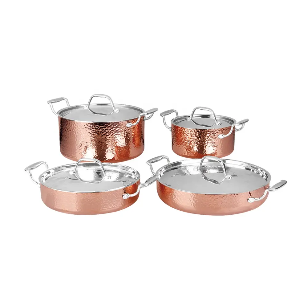 Triply Koperen Kookgerei Mode Gehamerd Koperen 3 Layer Non Stick Rvs Potten En Pannen Kookgerei Set