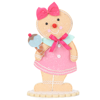 Décoration de Noël en bois autoportante de 14 pouces, Fille en pain d'épices rose avec crème glacée, pour vitrine de magasin de bonbons