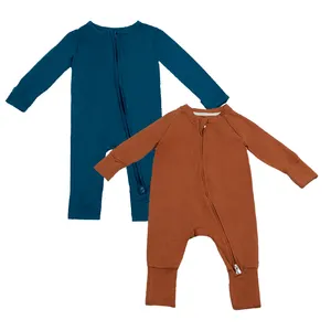 Pijama de bebê com mangas compridas, pijama certificado de algodão orgânico/bambu liso com zíper para bebês, roupas de verão
