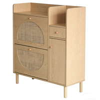 Meuble à chaussures moderne en rotin tressé avec 1 tiroir et 1 porte, double tiroir rabattable, pour l'entrée de la maison, le couloir, meuble de rangement en bois