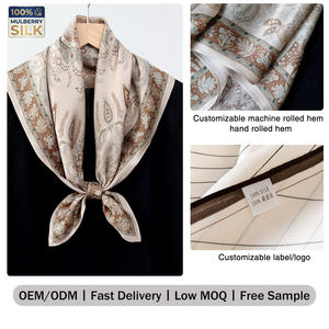 Sciarpa Quadrata in Seta di Gelso 6A con Basso MOQ e Campione Gratuito, Consegna Rapida in 7 Giorni, Sciarpa in Pura Seta Beige con Stampa Floreale Paisley Vintage - Product Image 1