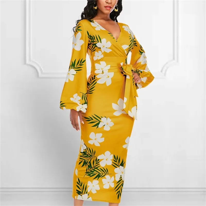 V Neck White Long Lantern Sleeve Bodycon High Waist XL Women Vestidos African Ladies Plus Size Robes Yellow Flower Printed Dress