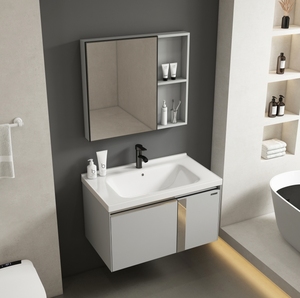 Muebles de <span class=keywords><strong>Baño</strong></span> de Diseño Moderno con <span class=keywords><strong>Espejo</strong></span> LED Resistente al Agua <span class=keywords><strong>y</strong></span> <span class=keywords><strong>Lavabo</strong></span> de Cerámica para Uso Doméstico - Product Image 1