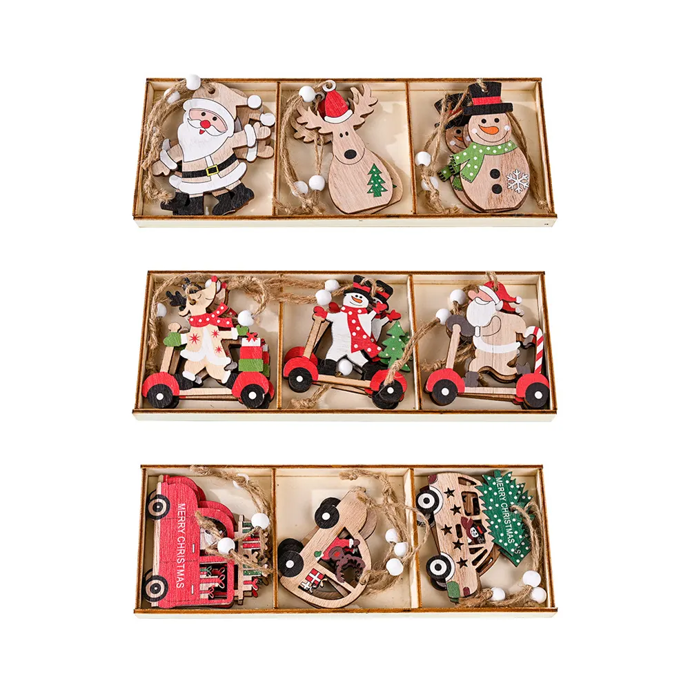 YQ-787 Christmas Ornaments Red Truck Christmas Tree Decoration Wooden Farmhouse Hanging Crafts 9PCS/BOX