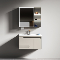Meuble-lavabo flottant gris clair, rangement ouvert, vasque en céramique blanche, unité de lavabo murale étanche