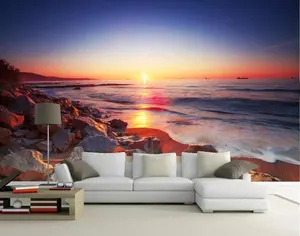 智海夕阳日出海浪UV印花现代电视背景客厅卧室家居装饰浮雕8d真丝壁纸