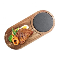 Vente en gros, plateau de service ovale de luxe en acacia, vaisselle de restaurant moderne, assiette en acacia et ardoise pour steak, vaisselle à la mode