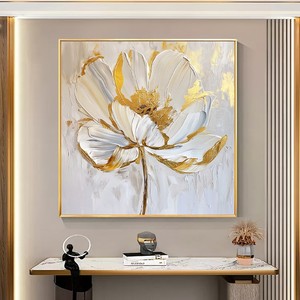 Hand Painted Oil Painting Abstract Floral Art Gold White <b>Flower</b> Modern <b>Wall</b> Art For Living Room Dining Room Entrance Decor - Product Image 1