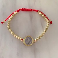 LS-L6164 Bracelets faits main avec perles médaillon, breloques cœur rouge et croix, nœud coulissant, perles dorées tressées, style foi