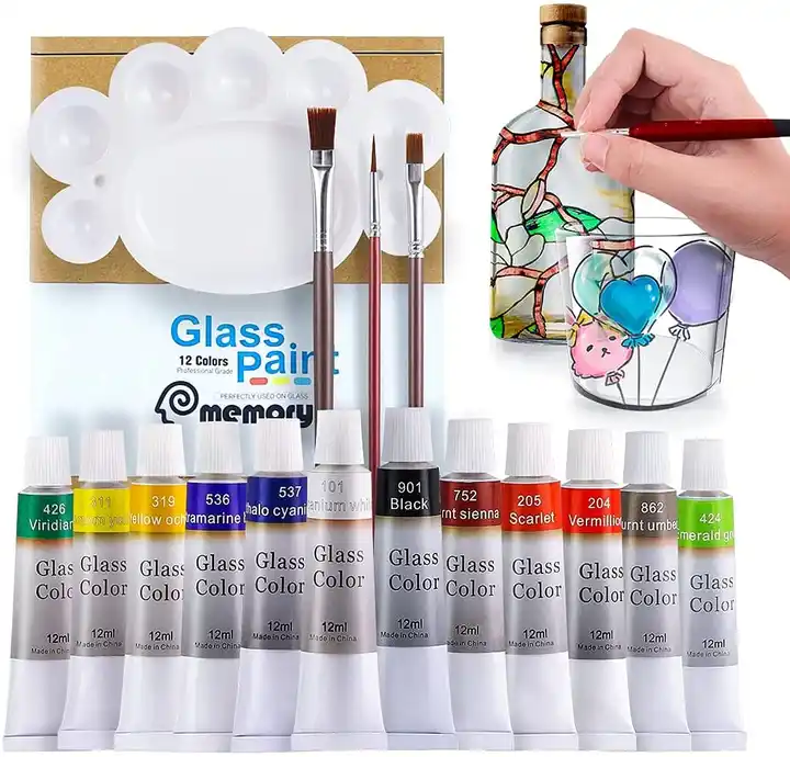 Colorful Acrylic Glass Paint Set with 6 Brushes, 1 Palette, 12