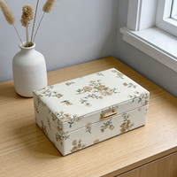 Nouvelle boîte de rangement à bijoux de voyage rectangulaire et carrée, luxueuse, moderne, faite à la main, en coton imprimé floral et PU, élégante, dorée
