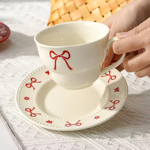 <b>Red</b> <b>Bow</b> Underglaze Ceramic Coffee Cup And Saucer Set European Afternoon Tea Cup Elegant Gift For Wedding Women - Product Image 2