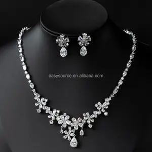 RE6270 conjunto de joyería nupcial de lujo redondo CZ collar de cristal pendiente boda cena novia regalo