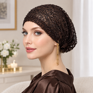 Damen Perlen-Netz-Turban-Kappe mit Quasten, Eleganter Einfarbiger Stretch-Kopftuch für Chemo-Patientinnen - Product Image 2