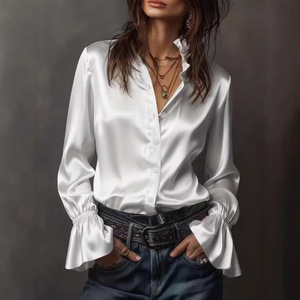 <span class=keywords><strong>Chemise</strong></span> longue en satin perlé pour femme, <span class=keywords><strong>col</strong></span> <span class=keywords><strong>montant</strong></span> à volants, confortable, style décontracté français, coupe ample pour l'automne - Product Image 4