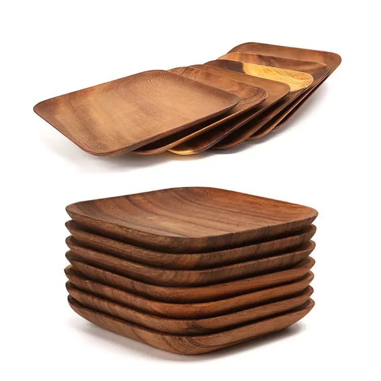 Natural Acacia Wood Tablewares Square Serving Tray Wooden Charger Dinner Dish Plates Set for Food Appetizer Restaurants