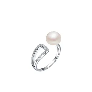 Unique Adjustable Gemstone Ring White Real Natural Freshwater Pearl Bead Ring 925 Sterling Silver Open rings Jewelry for Women