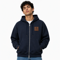 Sweat à capuche pour homme de haute qualité, en gros, 500 g/m², ultra lourd, bleu marine classique, avec double fermeture éclair, patch en cuir, style workwear