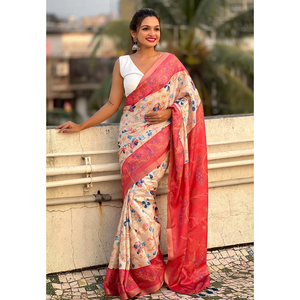 Sari de Seda Tussar Rojo Coral de Elite Weaves con Estampado Kalamkari y Borde Tejido con Zari para Vestidos de Cóctel - Product Image 6