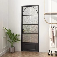 Puerta de Vidrio Estrecha Minimalista con Marco de Aleación Negra, Puerta Batiente Retro Arqueada de Vidrio Templado de Seguridad para Baño