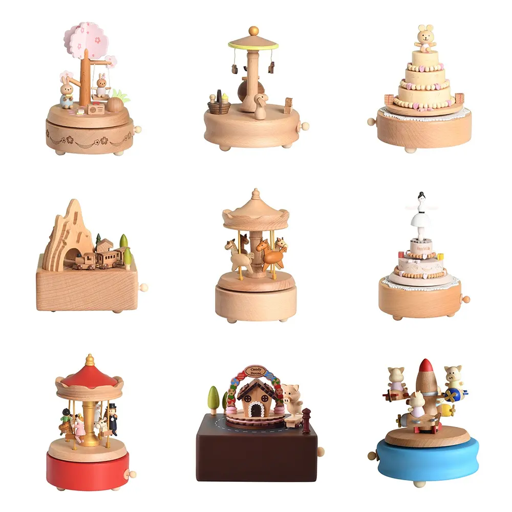 Creative Popular Fun Lovely Toy Movable Wooden Customized Carousel Music Box for Kids