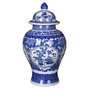Trung Quốc Handmade Trang trí gừng Jar màu xanh và Trắng Antique Porcelain Temple Jar