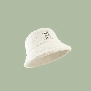 Custom Fur Fuzzy Fisherman Cap Embroidery Logo Winter Felt Lamb Wool Bucket Hats For Women