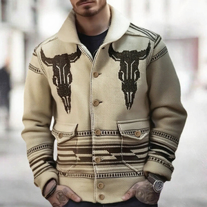 Veste d'hiver pour homme en laine tricotée avec motif de crâne de taureau, manches longues, épaisse, chaude, boutonnée - Product Image 3