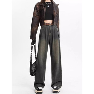 Otoño Invierno mujer nuevo estilo americano Retro terciopelo cintura alta recto suelto drapeado trapear pantalones vaqueros de talla grande - Product Image 3