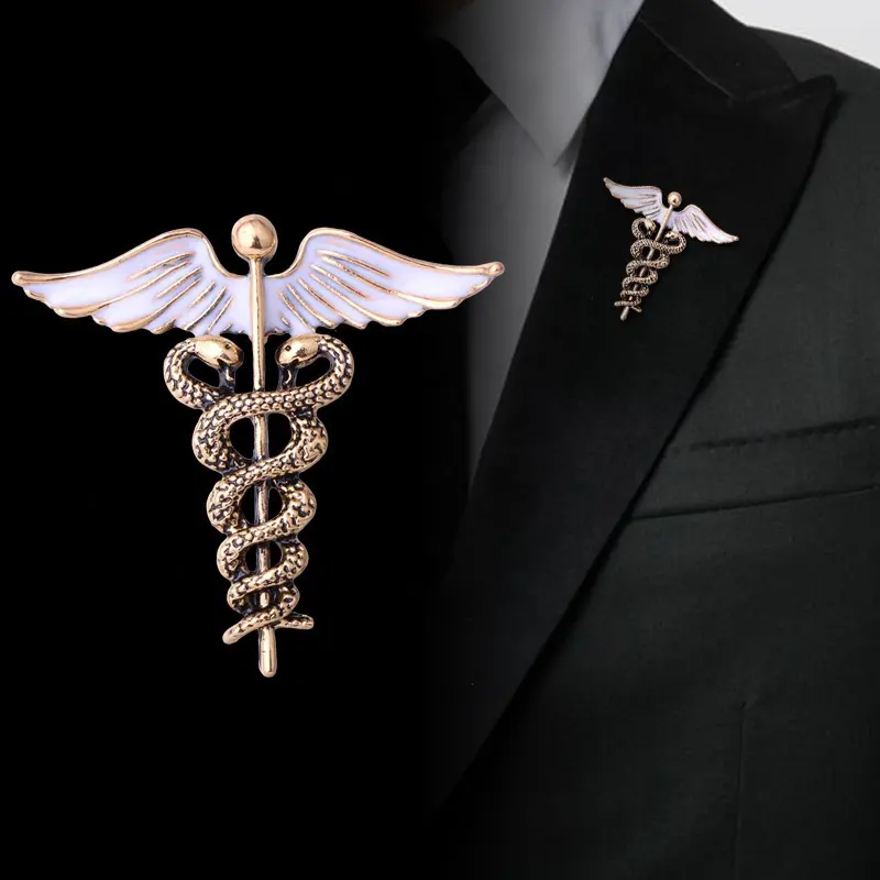 Broche feminino de asas de anjo, broche de broches de cobra dupla, enfermeira, médico, broche para homens e mulheres