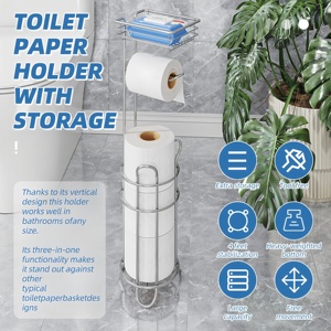 Porte-papier toilette simple sur pied avec étagère, finition chromée, capacité 4 rouleaux, pour téléphone, mouchoirs, lingettes, rangement de salle de bain - Product Image 4